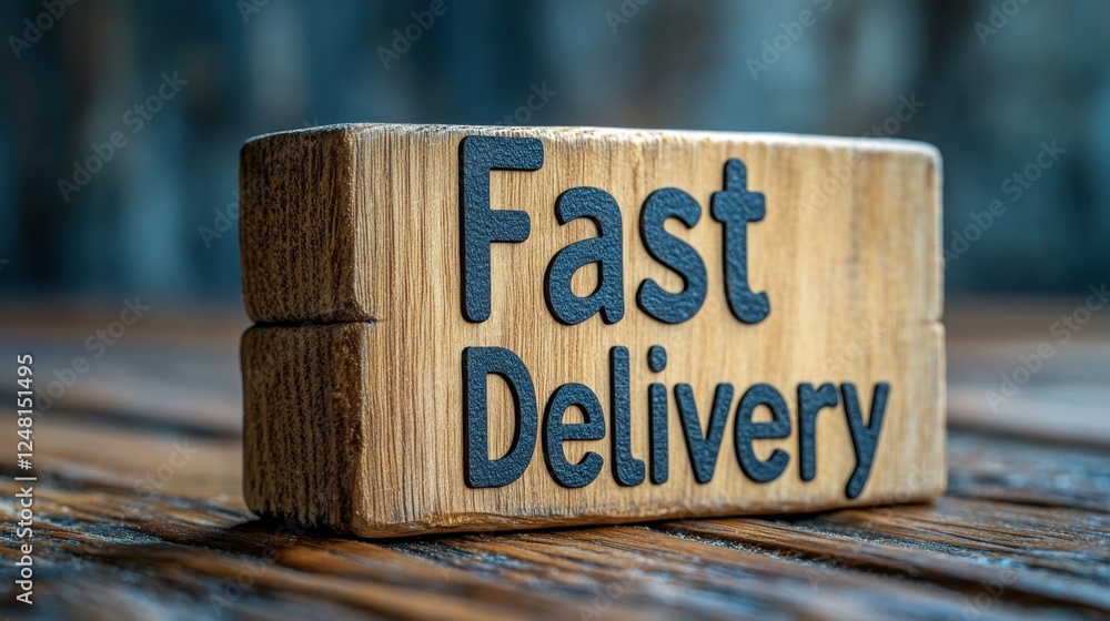 Poster creative wooden block sign expressing the importance of fast delivery in a rustic setting