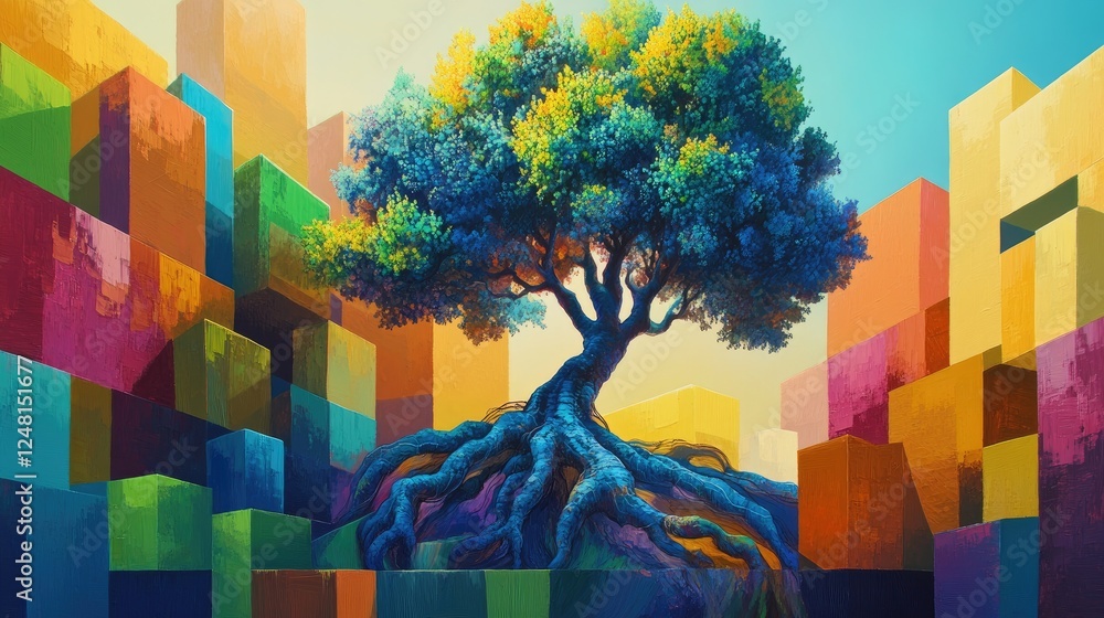 Poster a surreal tree with vibrant foliage and twisted roots in blue, green, and yellow, set in a geometric