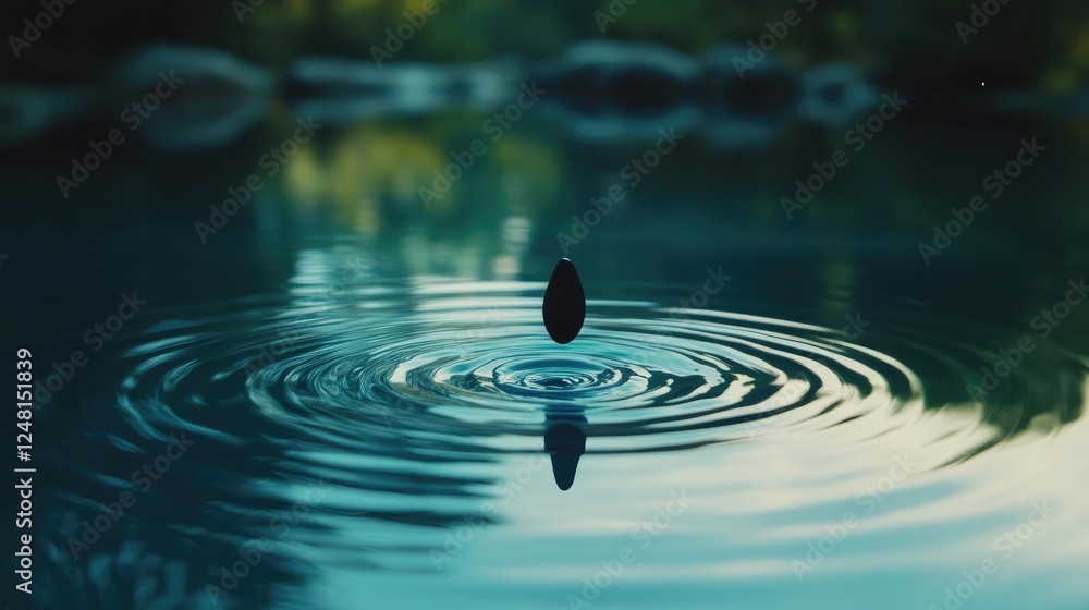 Poster a suspended droplet causing ripples in a calm pool, symbolizing how actions and ideas can ripple out