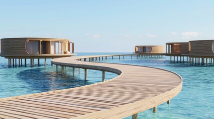 Fototapeta premium Scenic Overwater Bungalows on Clear Blue Ocean Water Pathway