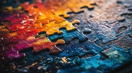 Colorful jigsaw puzzle pieces interlocking on a vibrant wooden table under soft natural light