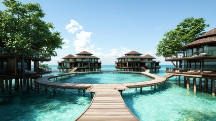 Obraz premium Stunning Overwater Bungalows Surrounded by Crystal Clear Water