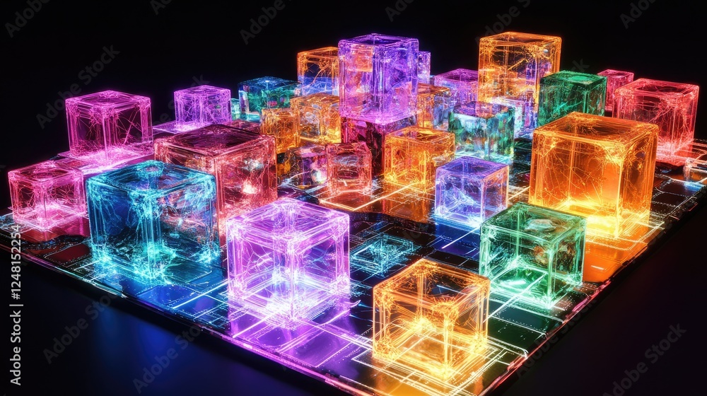 Poster a three-dimensional city made of glowing cubes, each representing an individual startup, interconnec