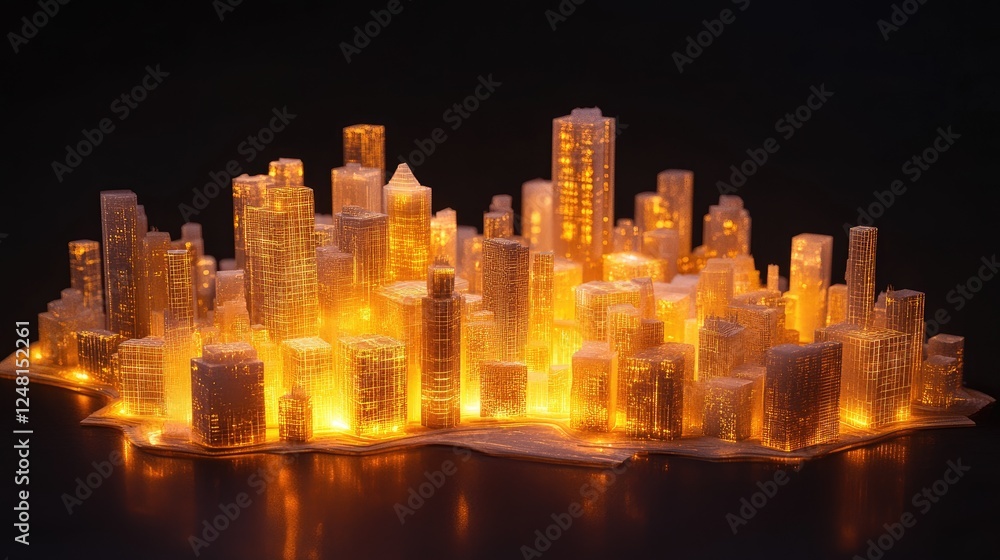 Poster a three-dimensional city made of glowing cubes, each representing an individual startup, interconnec