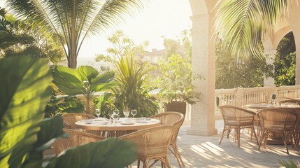 Fototapeta premium Luxury Breakfast Setup on Terrace Surrounded by Lush Greenery