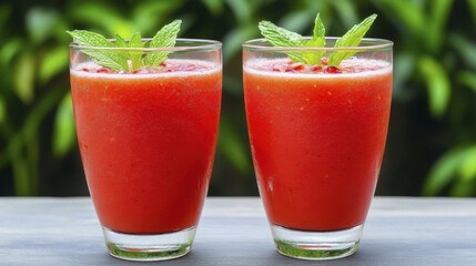 Refreshing red fruit smoothies garnished with mint leaves in clear glasses