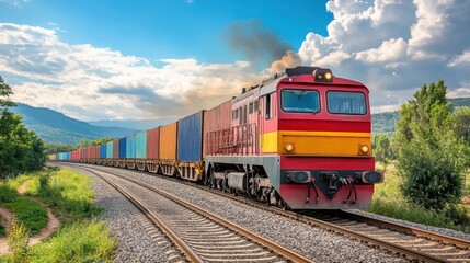 Obraz premium Vibrant freight train travels through lush countryside under dramatic clouds during late afternoon