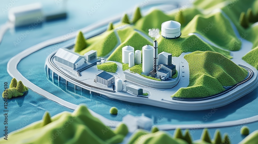 Poster A topographic map displaying resource locations with a clear path leading to a production facility, illustrating the benefits of a shorter, more localized supply chain.