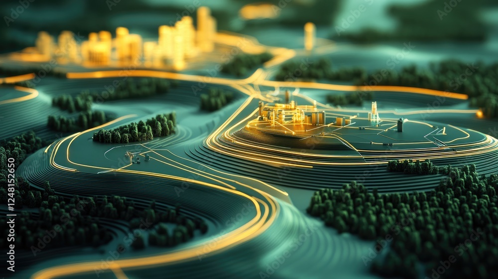 Poster A topographic map displaying resource locations with a clear path leading to a production facility, illustrating the benefits of a shorter, more localized supply chain.