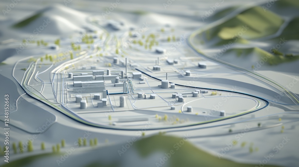 Poster A topographic map with local resource points marked and a pathway leading directly to the factory, representing a streamlined and efficient supply chain for local production.