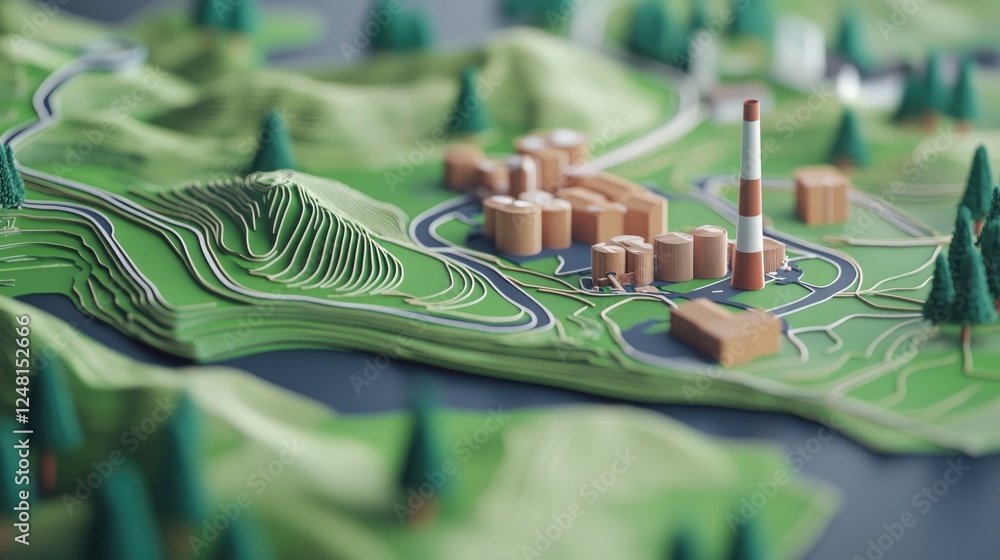 Poster A topographic map with local resource points marked and a pathway leading directly to the factory, representing a streamlined and efficient supply chain for local production.