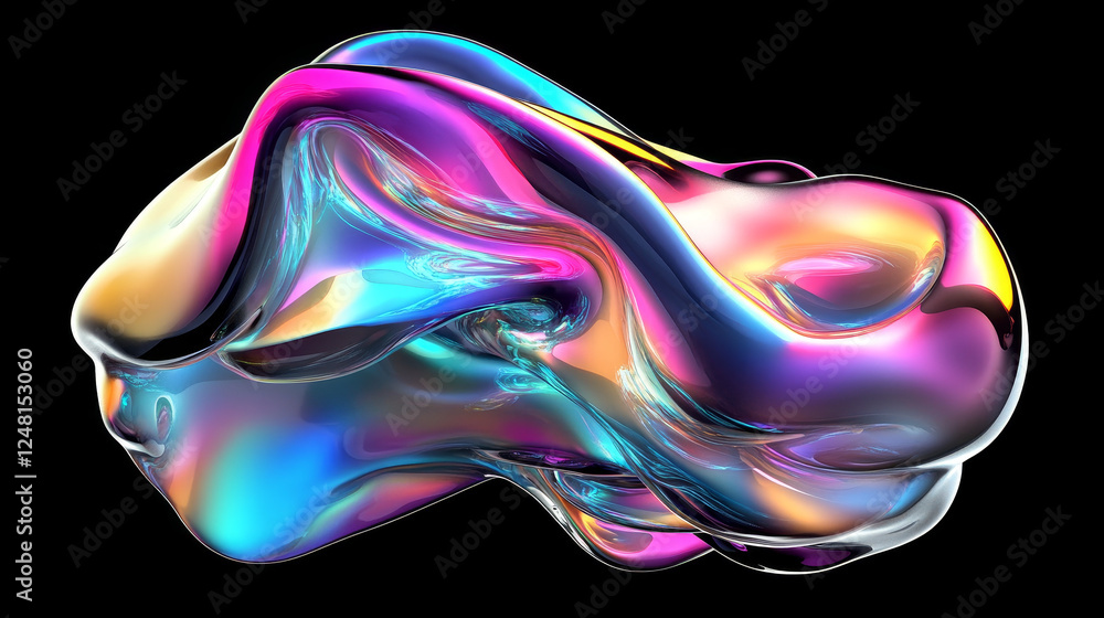 Poster 3d holographic glass morphism abstract liquid bubble shape. futuristic chrome colorful iridescent co