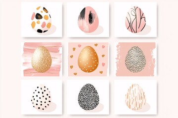 Luxury Easter eggs on pastel pink podiums, decorated with gold, white, and metallic textures, stylish holiday decoration, minimal design