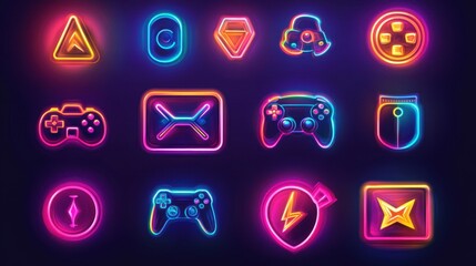 Vibrant neon gaming icons illuminating the digital landscape in a modern arcade atmosphere at night