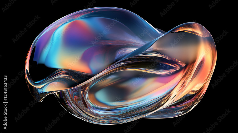 Poster 3d holographic glass morphism abstract liquid bubble shape. futuristic chrome colorful iridescent co