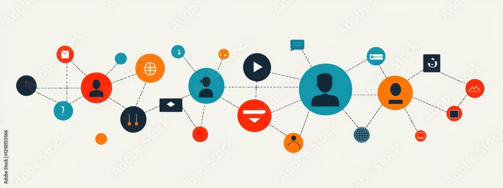 Poster visual representation of social media connections and online networking through colorful icons and i