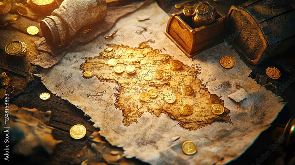 Aufkleber A treasure map showing a path to a secret store filled with gold coins and chests, symbolizing the wealth, strategy, and financial opportunities hidden in plain sight.