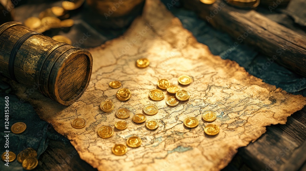 Poster a treasure map showing a path to a secret store filled with gold coins and chests, symbolizing the w