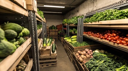 Organized fresh produce storage in wooden crates at local farm market