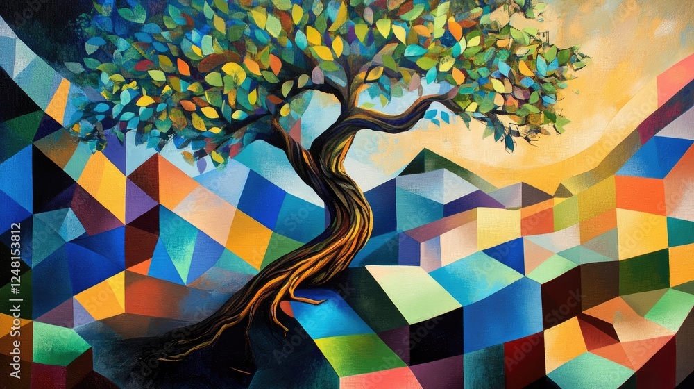 Poster a twisted-root tree with vibrant blue, green, and yellow foliage, standing in a geometric landscape 