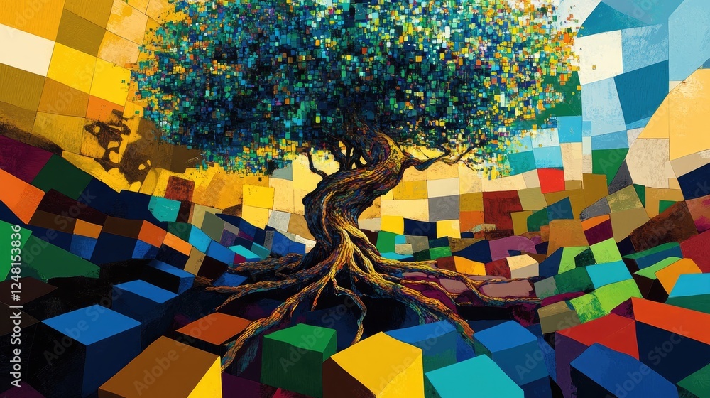 Poster a twisted-root tree with vibrant blue, green, and yellow foliage, standing in a geometric landscape 