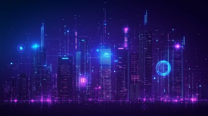 Obraz premium Futuristic Cityscape Night Lights Glowing Skyscrapers Urban Metropolis Digital Art