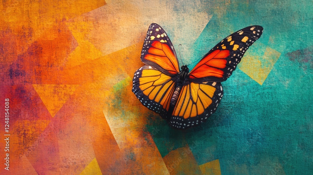 Poster a vibrant butterfly emerging from its cocoon in a colorful geometric environment, symbolizing transf