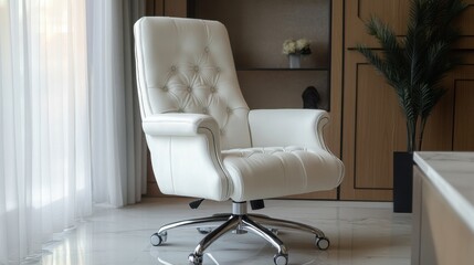Elegant white ergonomic chair stands out in a modern office space with soothing natural light and stylish decor