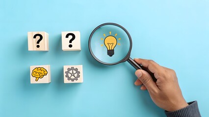 Finding Answers Magnifying Ideas with Light Bulb & Questions V7