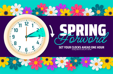 Spring Forward concept 2025 background or banner design. Daylight Saving Time Starts background and cartoon doodle style with clock design.