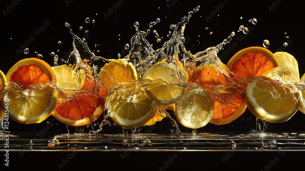 Poster A vibrant explosion of orange and lemon slices colliding, creating a burst of water droplets and juice, symbolizing refreshing summer energy with a clean display podium.
