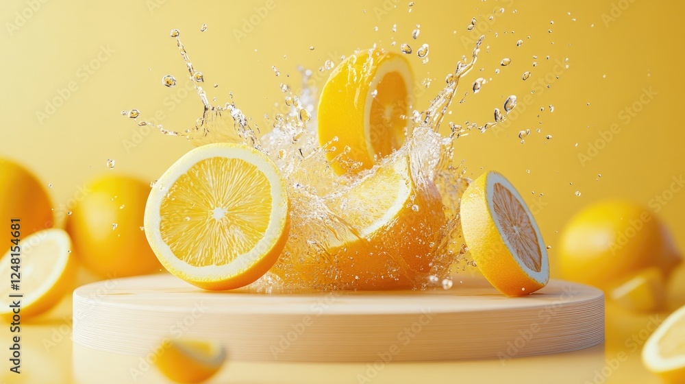Aufkleber A vibrant explosion of orange and lemon slices colliding, creating a burst of water droplets and juice, symbolizing refreshing summer energy with a clean display podium.