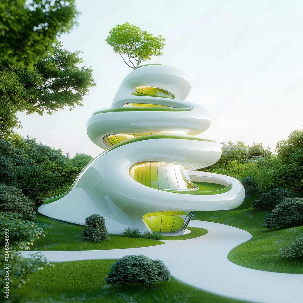 Aufkleber unique and modern architectural design of a twisted building surrounded by lush greenery and trees