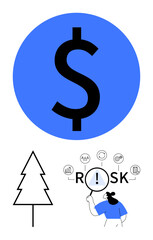 Obraz premium Large dollar symbol, tree outline, and individual inspecting risk elements with a magnifying glass. Ideal for finance, investment, ecology, sustainability, business strategy, risk management