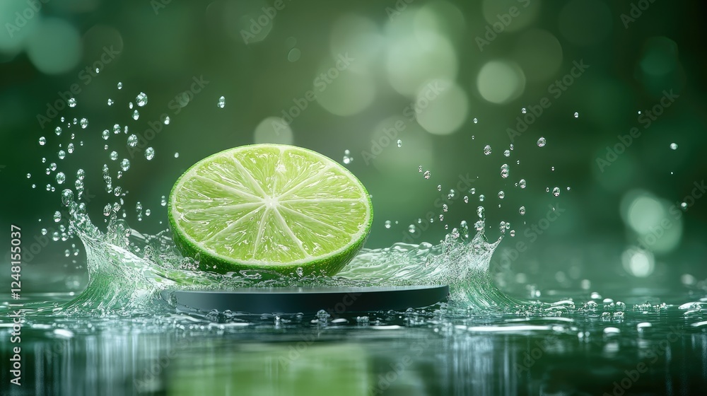 Poster A vibrant lime slice riding a sparkling wave of water surrounded by droplets, symbolizing refreshing coolness, with a sleek empty podium for showcasing a product.
