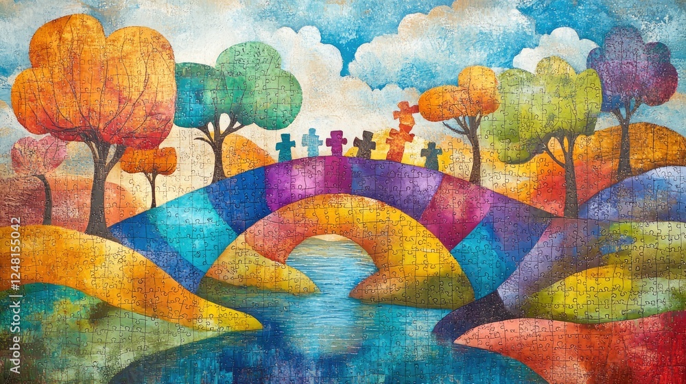 Poster a vibrant landscape with a colorful puzzle bridge spanning across, symbolizing teamwork, connection,