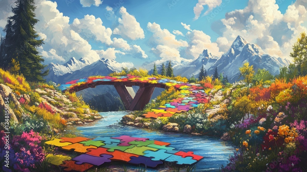 Poster a vibrant landscape with a colorful puzzle bridge spanning across, symbolizing teamwork, connection,