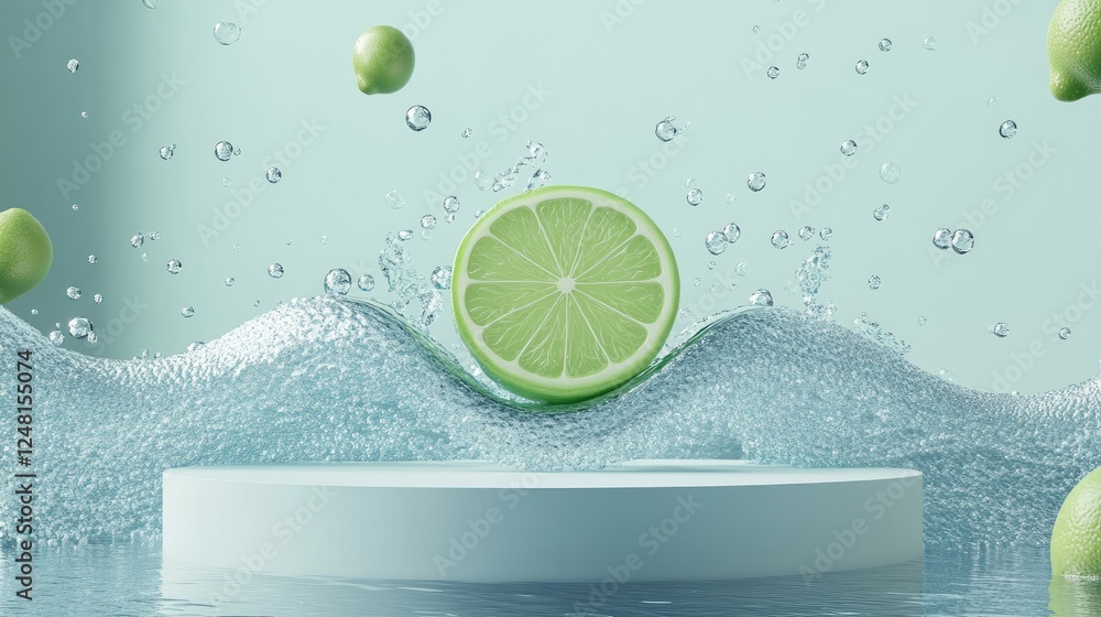 Poster A vibrant lime slice riding a sparkling wave of water surrounded by droplets, symbolizing refreshing coolness, with a sleek empty podium for showcasing a product.