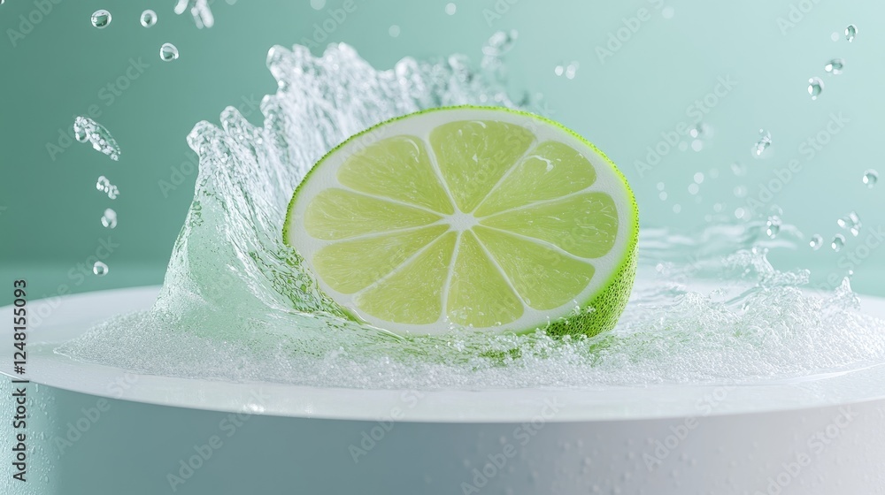Poster A vibrant lime slice riding a sparkling wave of water surrounded by droplets, symbolizing refreshing coolness, with a sleek empty podium for showcasing a product.