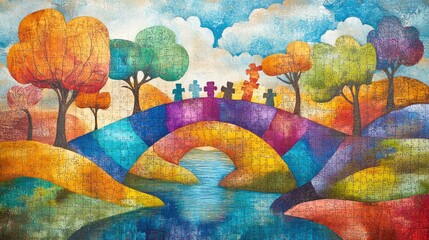 A vibrant landscape with a colorful puzzle bridge spanning across, symbolizing teamwork, connection, and collaboration, where each piece fits perfectly to create harmony.