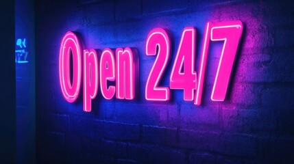 A vibrant neon "Open 24/7" sign in pink and blue hues, illuminated against a dark wall, symbolizing 24-hour service and accessibility with a warm ambient glow.