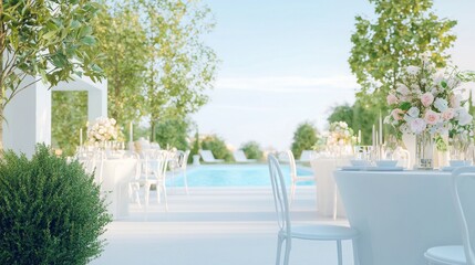 Chic Poolside Brunch Setup with Elegant Decor and Greenery