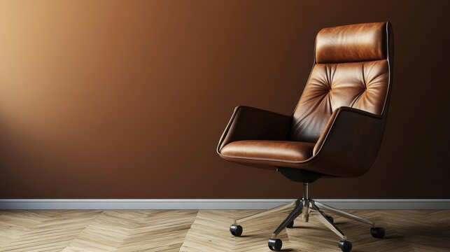 Elegant brown leather office chair positioned against a warm, minimalistic backdrop with wooden flooring for a sophisticated touch