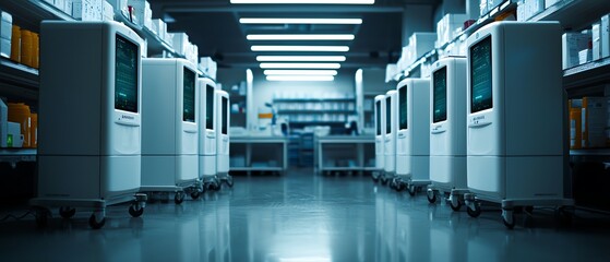 A modern industrial facility showcasing advanced medical equipment lined up neatly for efficient workflow.