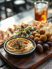Mediterranean meze platter with hummus, falafel, and sides.