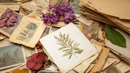A collection of faded botanical prints, dried flowers, and vintage postcards arranged artistically. --chaos 20 --ar 16:9 --quality 2 --v 6.1 Job ID: dacc6062-51c2-427a-bf2f-f073e5bfb31e