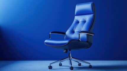 Stylish blue office chair with modern design against a vibrant blue background in a contemporary workspace