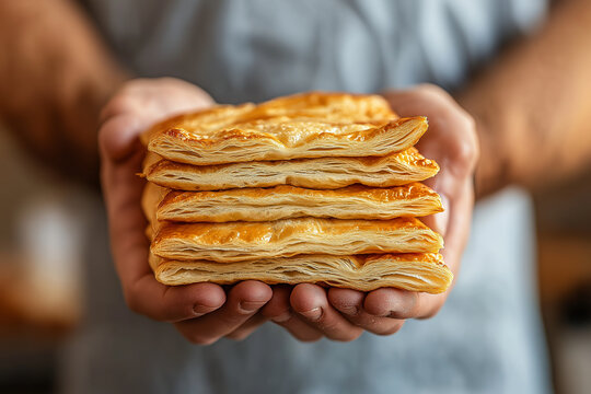 Traditional puff pastry layers being folded by a bakers hands, showcasing the art of laminated dough baking