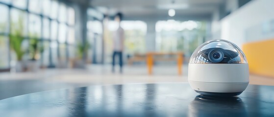 A modern security camera captured in an office setting, showcasing technology and surveillance in a contemporary environment.