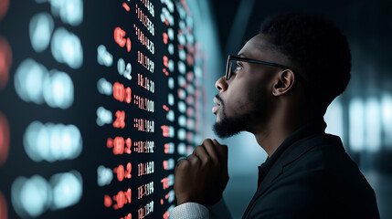 African American trader in panic watching stock market collapse, red numbers flashing, dramatic lighting, high-detail realism, financial crisis mood, intense atmosphere